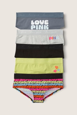 Victoria's Secret Coton Hipster Knickers 5 Pack Black/Grey/Green Logo Print | SQUP-98715